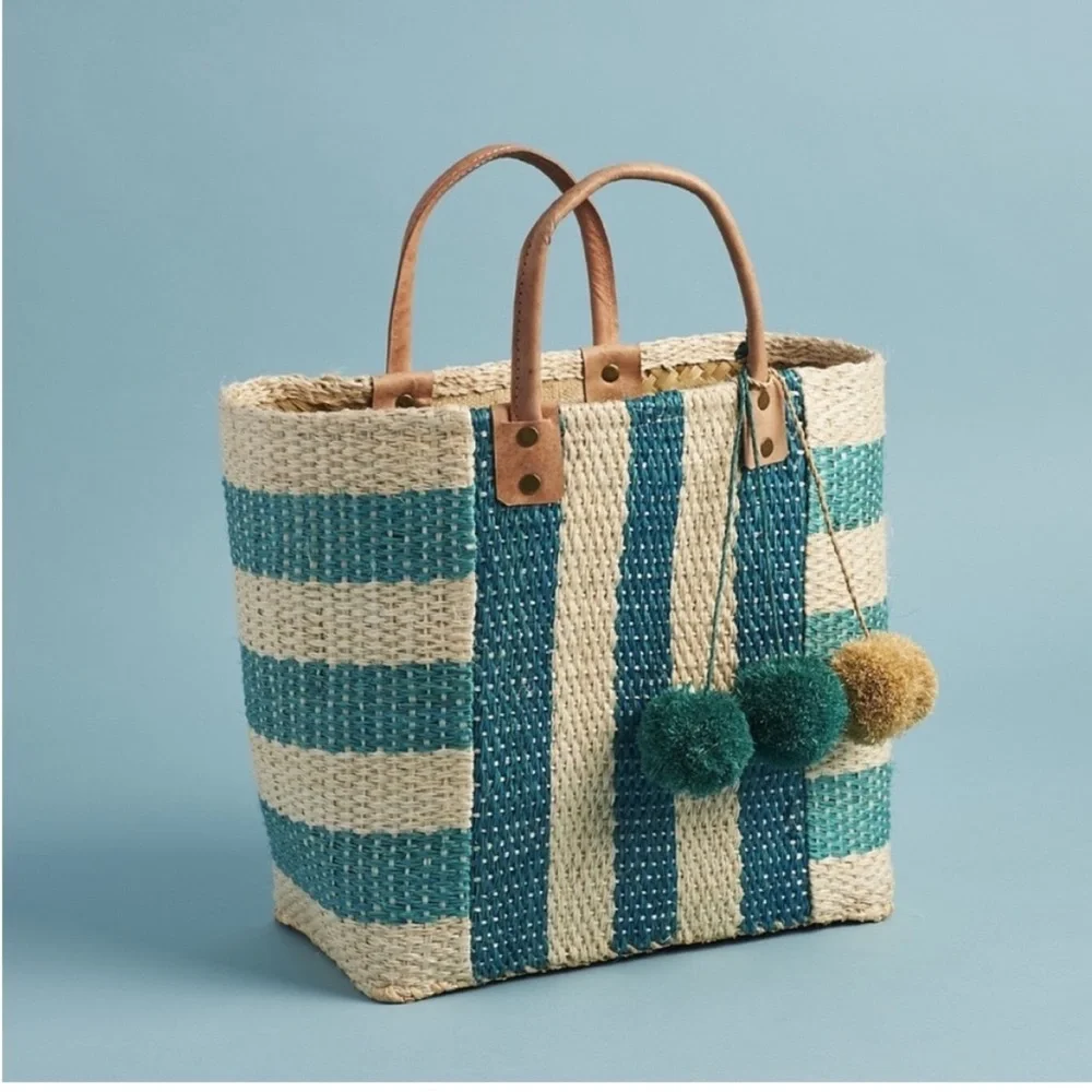 Mar Y Sol Collins striped seagrass pom pom tote - Picture 1 of 11